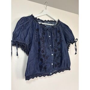 Denim Peasant Top Medium Blue Embroidered Eyelet Puff Sleeve